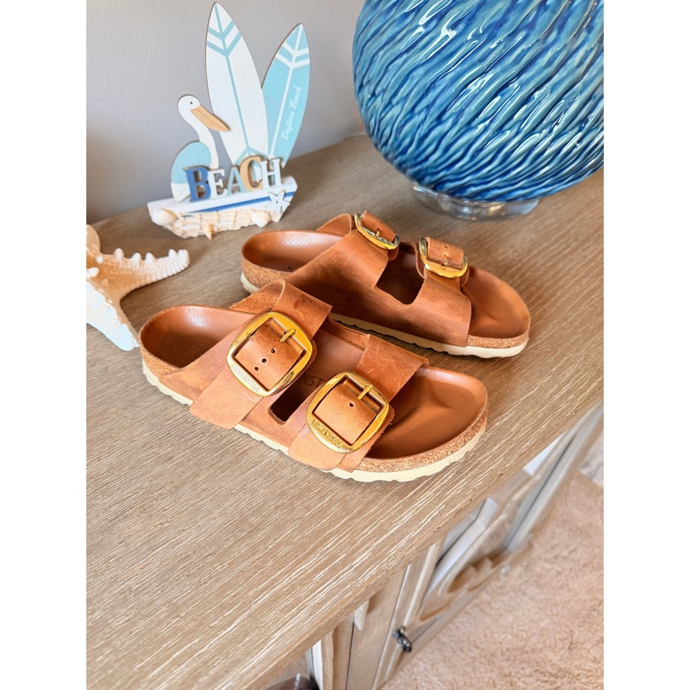 Birkenstock Arizona Big Buckle Sandals Women 37 Cognac Oiled Leather Gold Buckle